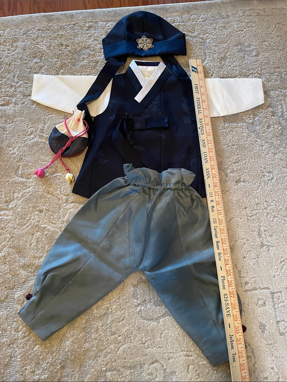 Children's Navy and Gray Korean Hanbok Costume Set with Hat